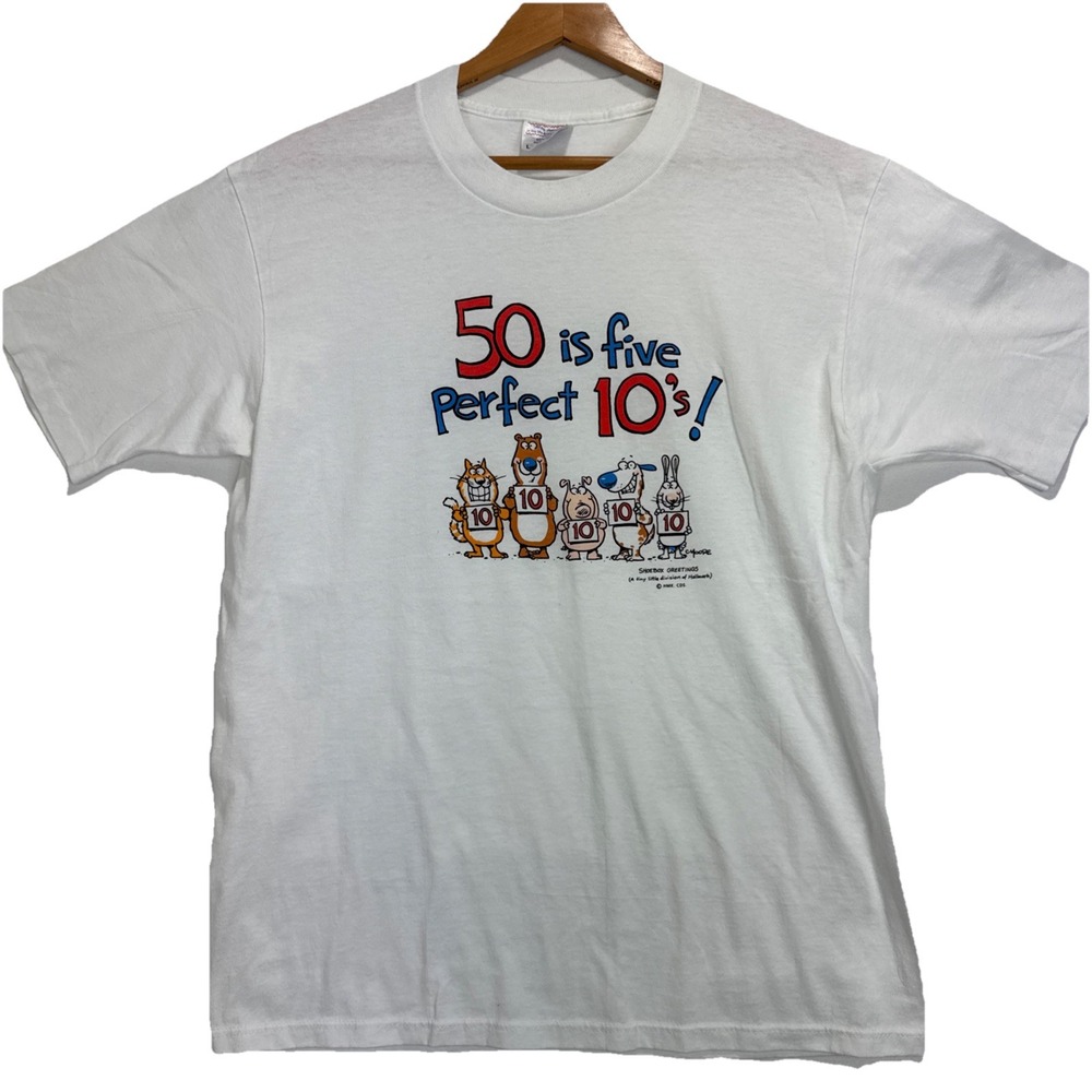 VTG Shoebox Novelty 50th Birthday T-Shirt L White "50 is‎ Five Perfect 10's"